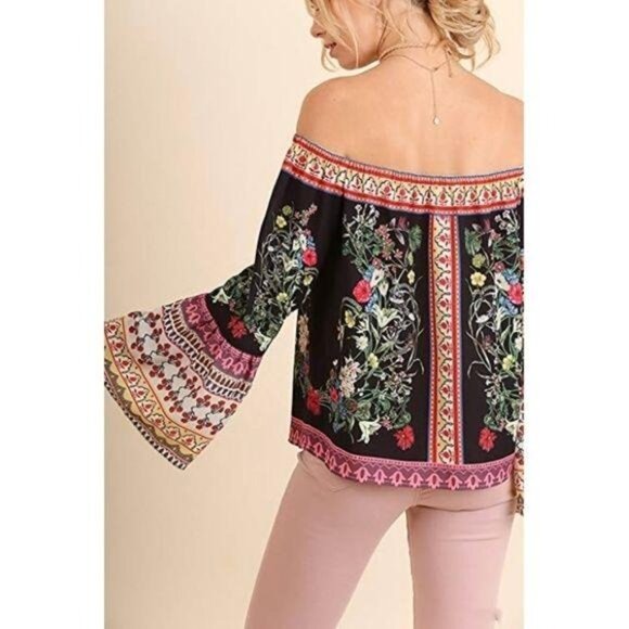 Umgee Black Printed Off The Shoulder Blouse - Picture 2 of 2